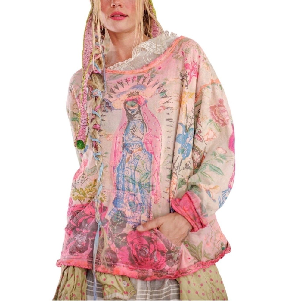 Magnolia Pearl Hot Pink Mother Mary Sweatshirt Distressed front Pockets NWT
